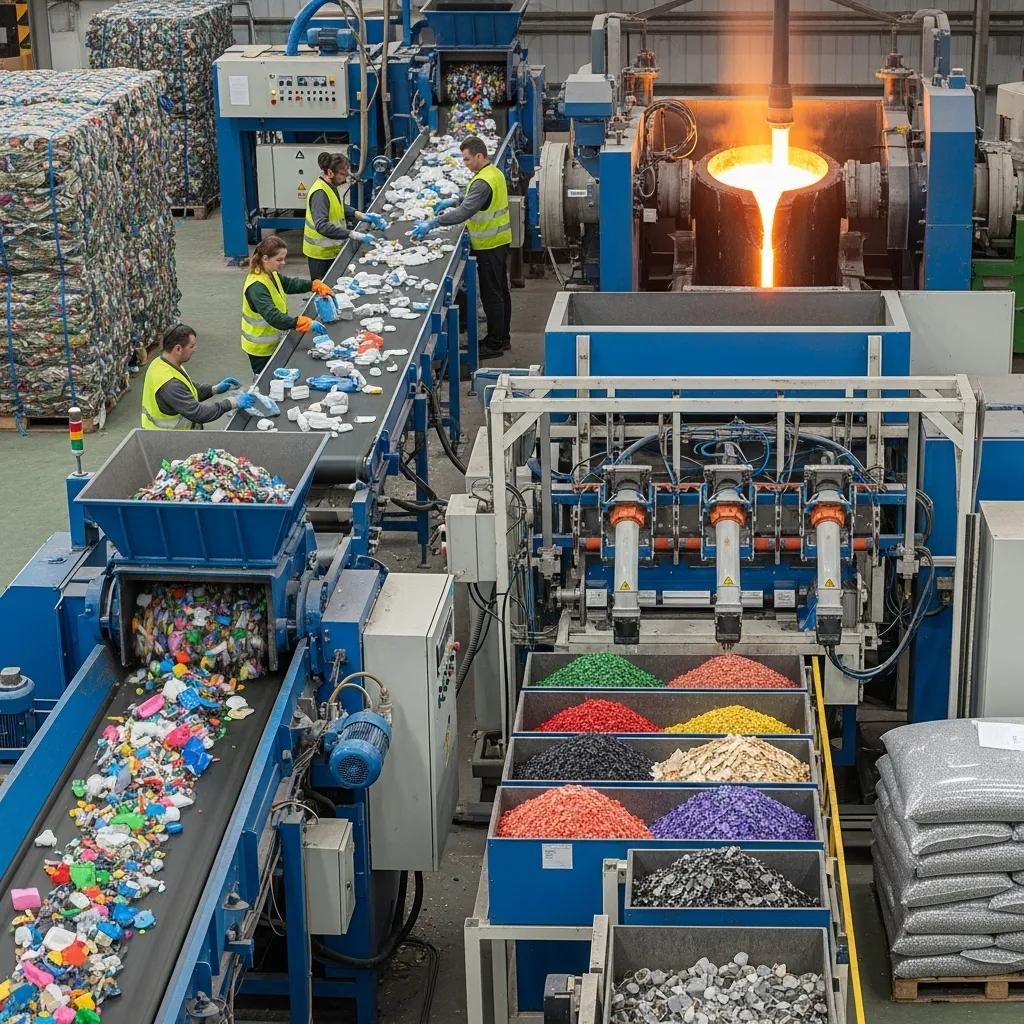 Illustration of the plastic recycling process showcasing machinery and workers