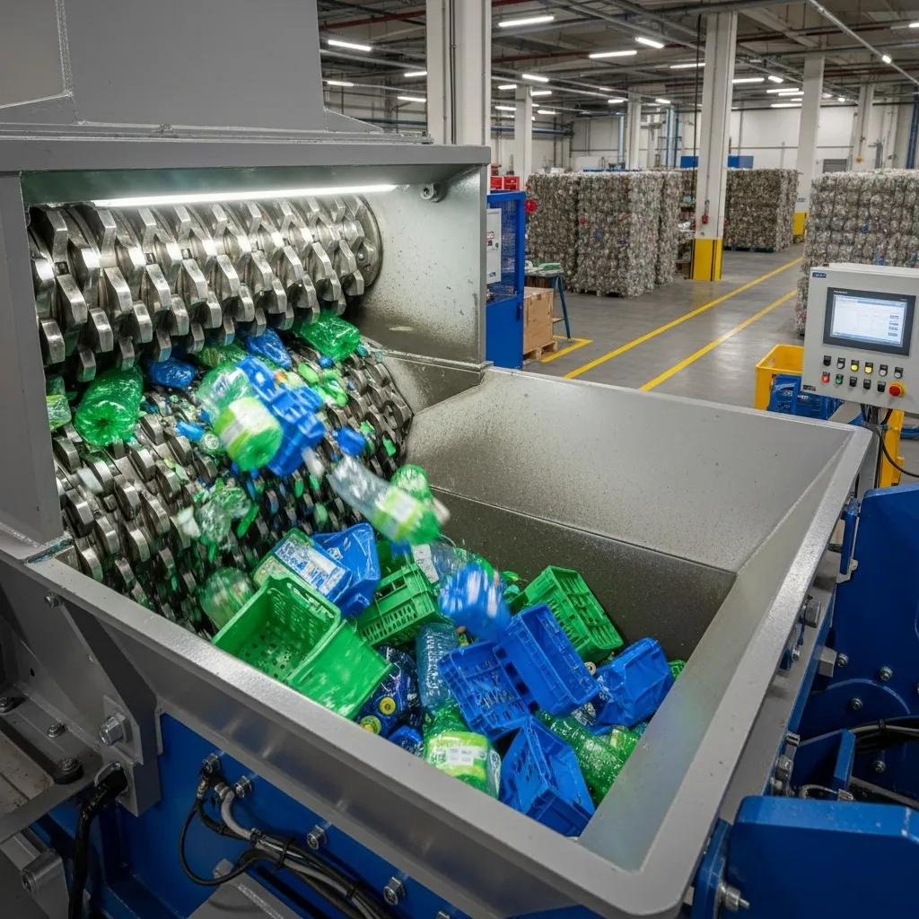Industrial plastic shredder in action, illustrating its role in the recycling process