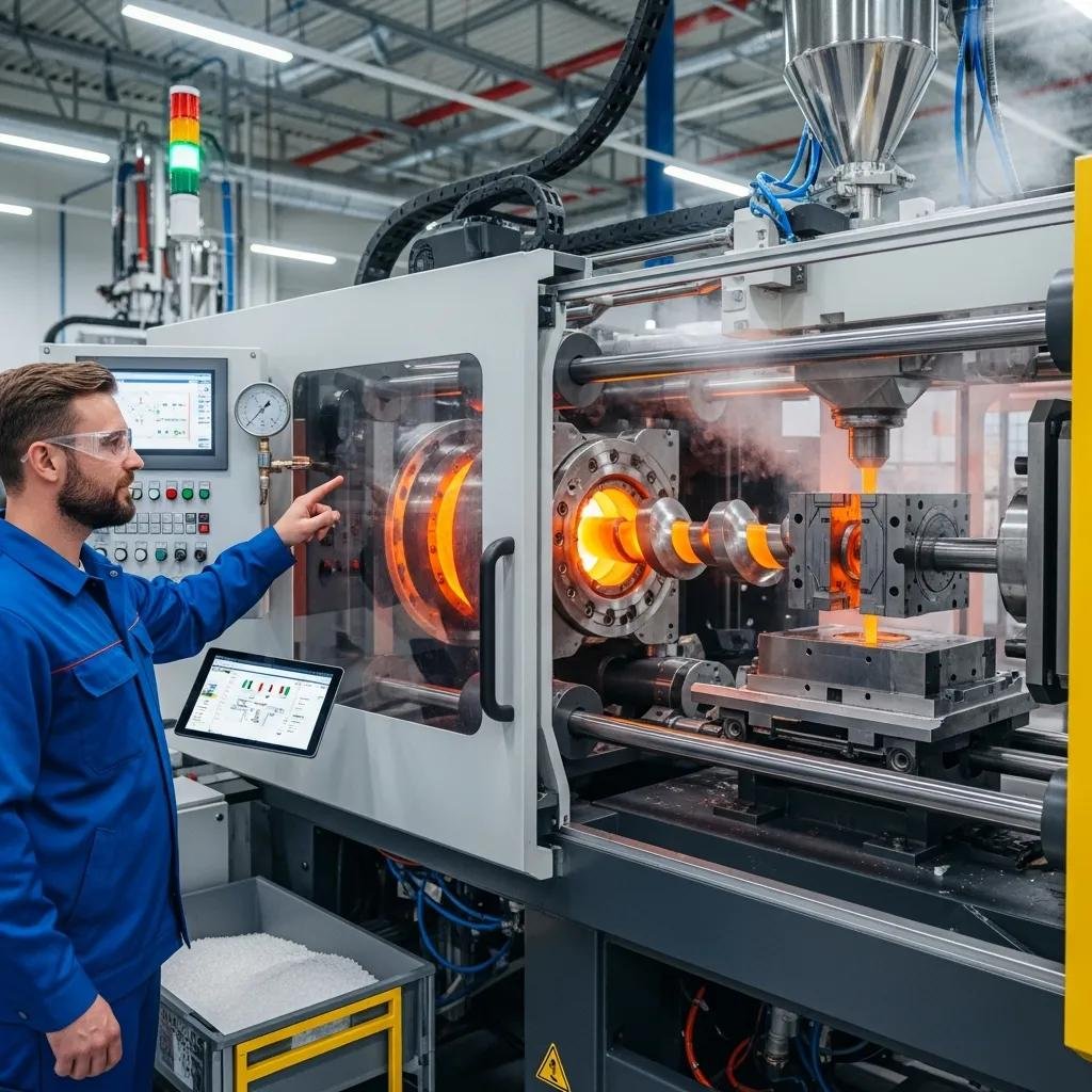 Injection molding machine in operation, with technician monitoring the screw and barrel area