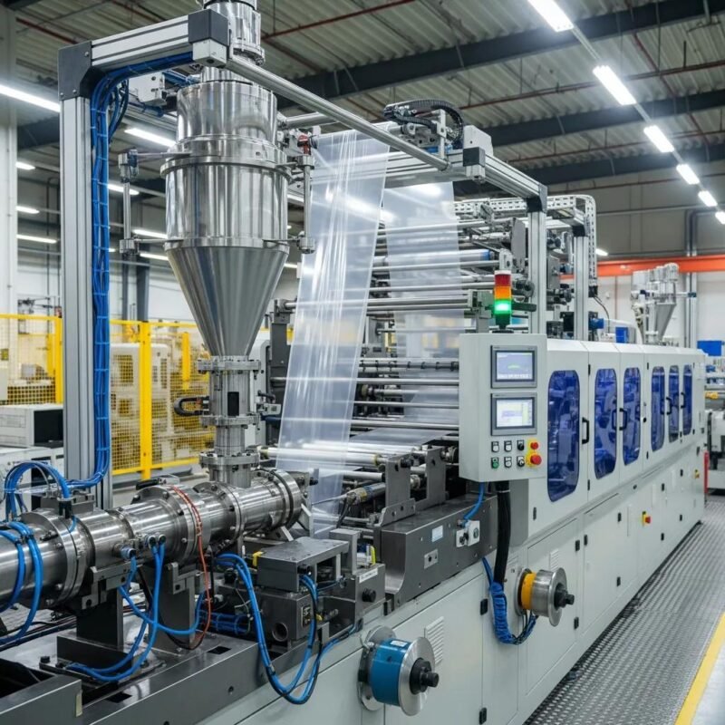 Modern blow film machine in action producing plastic film in a factory