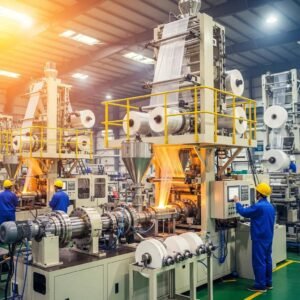 Modern blow film machine in an industrial setting, highlighting its components and operation