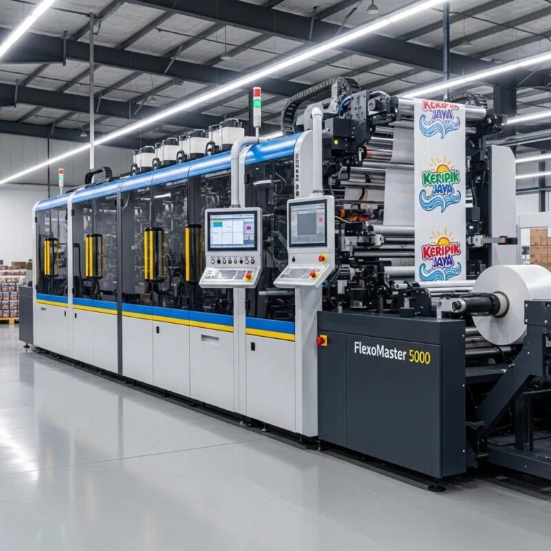 Modern flexo printing machine in an industrial setting, highlighting its features and importance in packaging