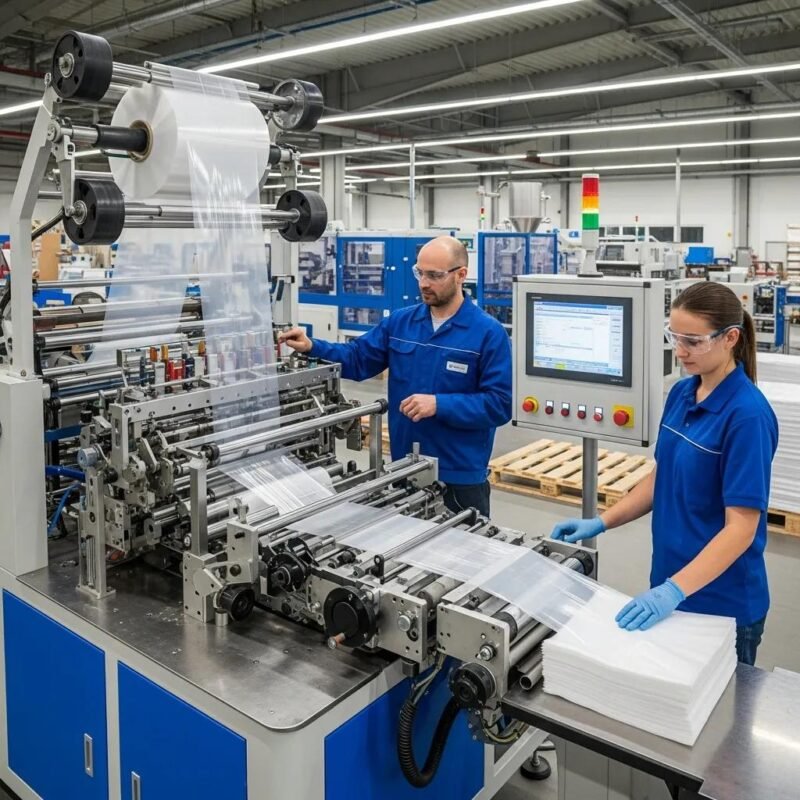 Modern plastic bag making machine in a factory, highlighting efficiency and innovation