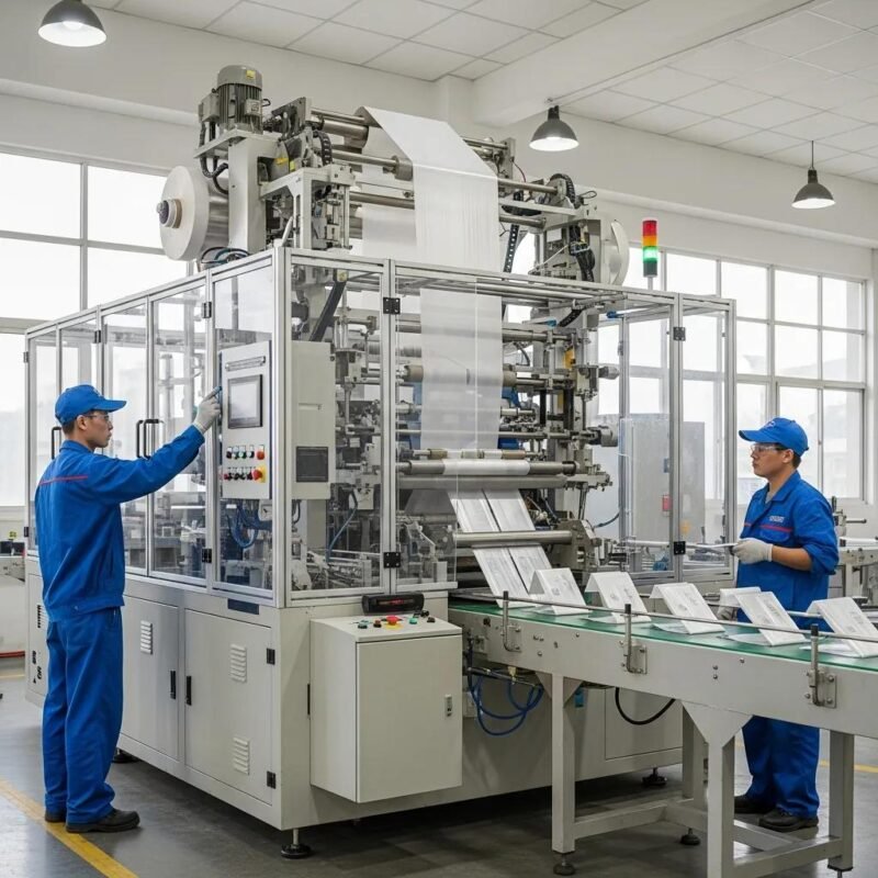 Modern plastic bag manufacturing machine in a factory, highlighting efficiency and innovation in the plastic industry