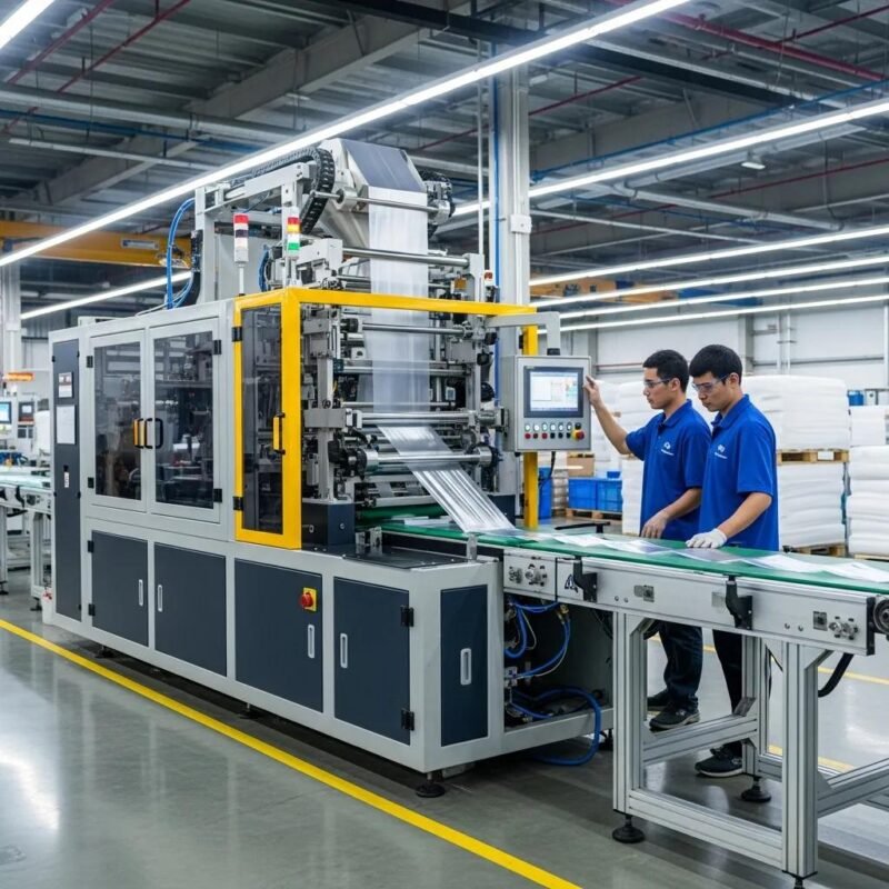 Modern plastic bag manufacturing machine in a factory, highlighting efficiency and reliability