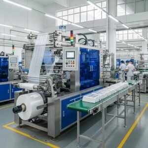 Modern plastic bag manufacturing machine in action, highlighting efficiency and technology