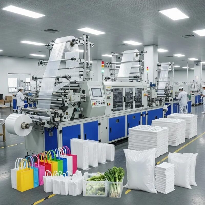 Modern plastic bag manufacturing machine producing various types of plastic bags in a professional setting