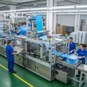 Modern plastic bag production machine in a factory, highlighting efficiency and innovation