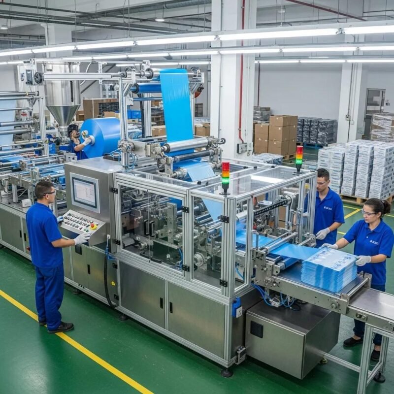 Modern plastic bag production machine in a factory, highlighting efficiency and innovation