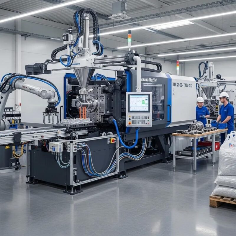 Modern plastic processing machine in a factory, highlighting efficiency and operational features