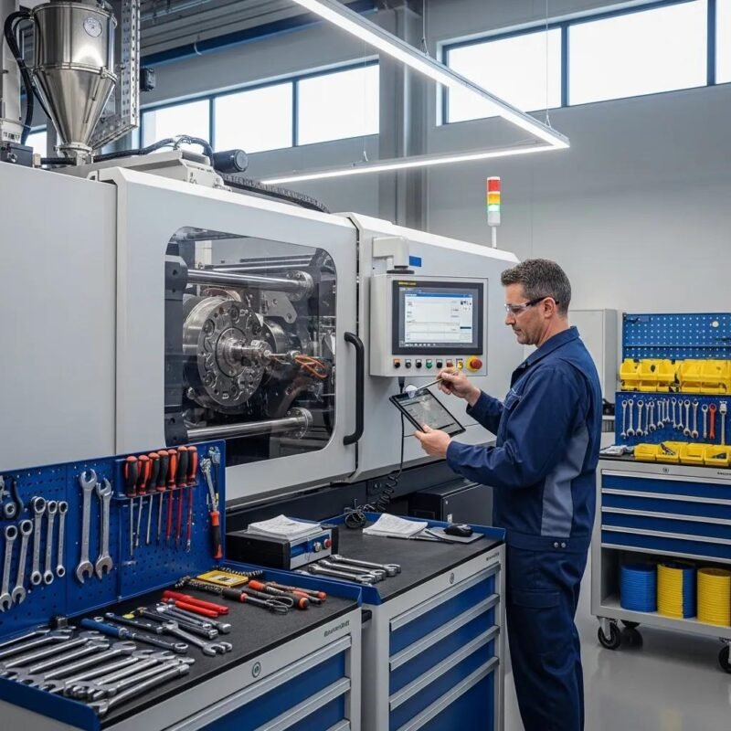 Modern plastic production machine being maintained by a technician in a factory setting