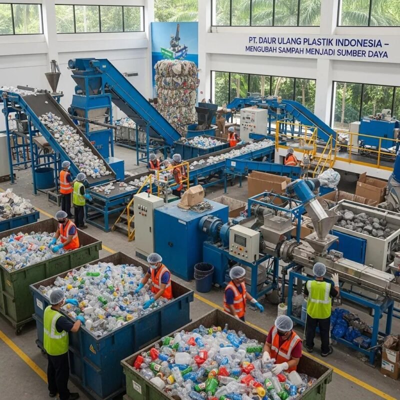 Modern plastic recycling facility in Indonesia with workers processing plastic waste