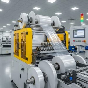 Modern plastic slitting machine in action, highlighting precision cutting in an industrial setting