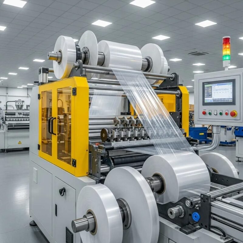 Modern plastic slitting machine in action, highlighting precision cutting in an industrial setting