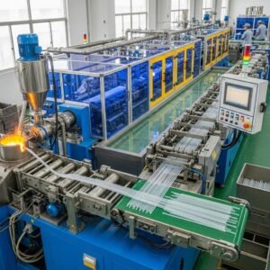 Modern plastic straw manufacturing machine in a factory setting