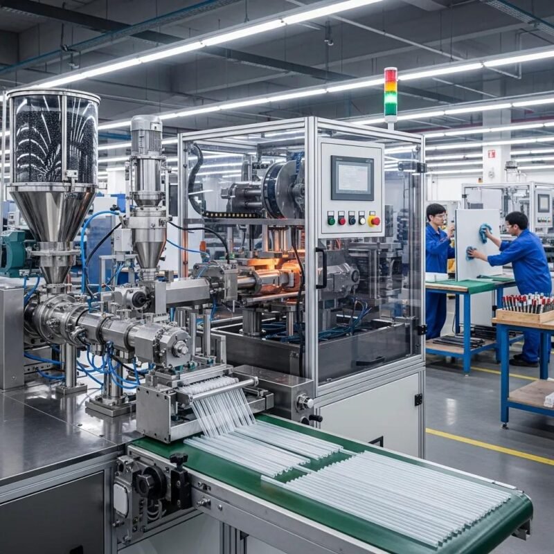 Modern plastic straw production machine in a factory setting, highlighting the importance of machine maintenance