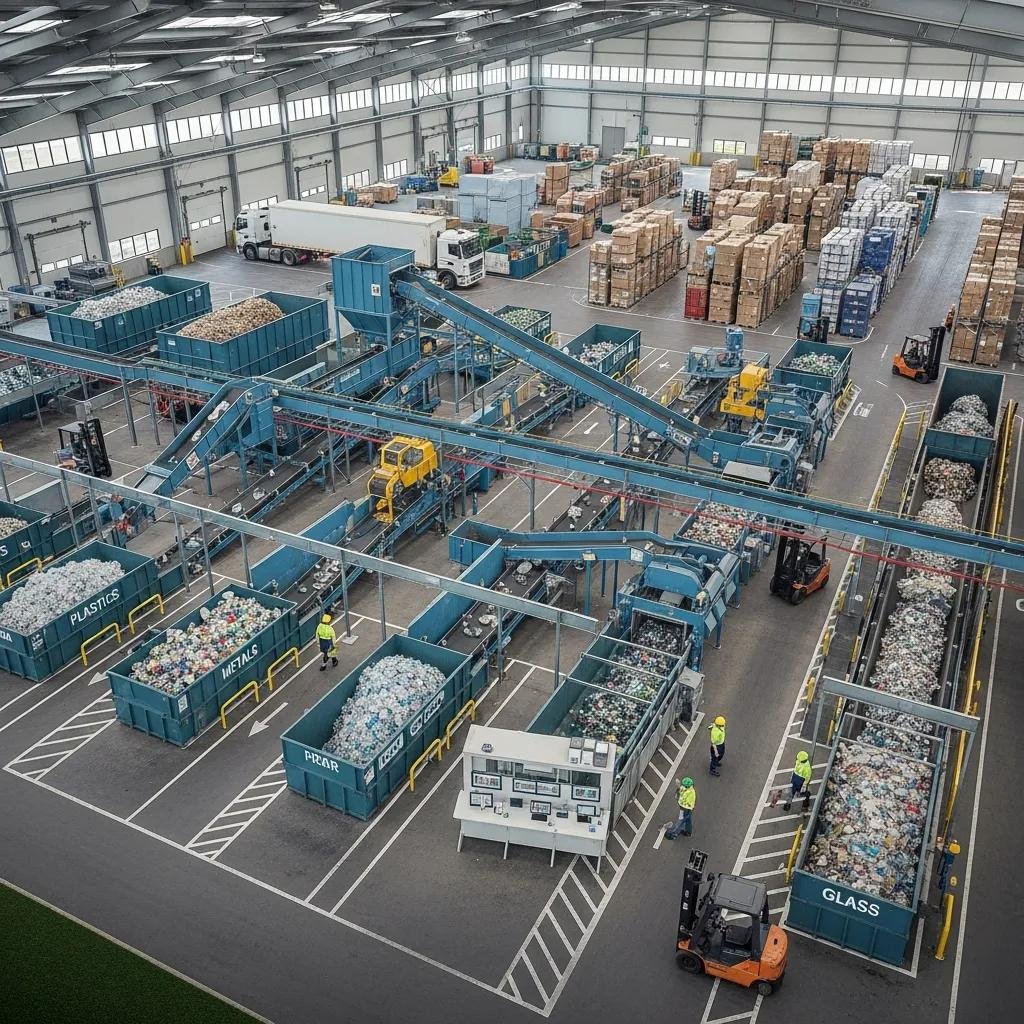Modern recycling center with organized waste collection areas, highlighting the importance of infrastructure in recycling