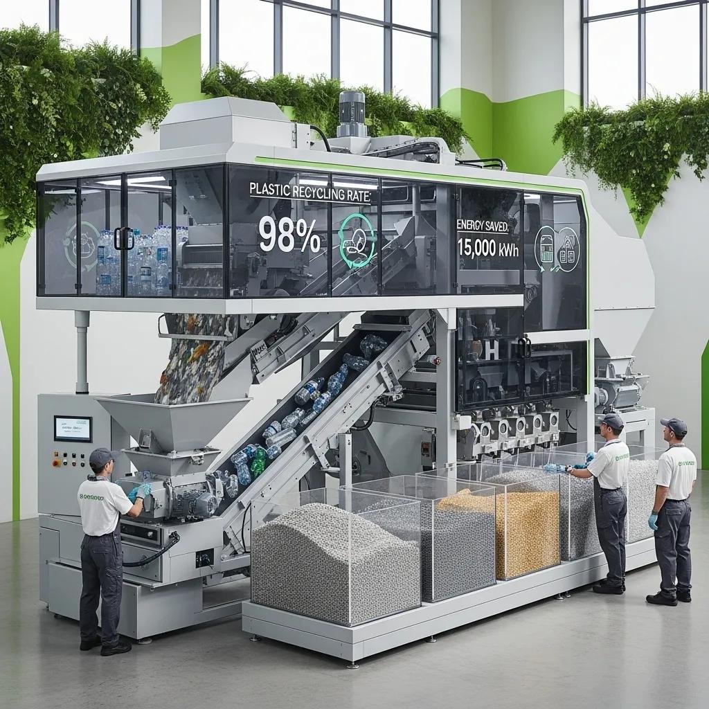 Modern recycling machine for plastic in an eco-friendly environment illustrating sustainability in the plastic industry
