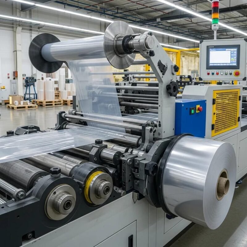 Modern slitting machine cutting plastic film in an industrial setting