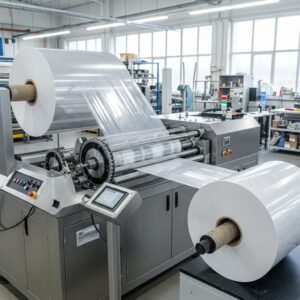 Modern slitting machine cutting roll film and paper in an industrial setting