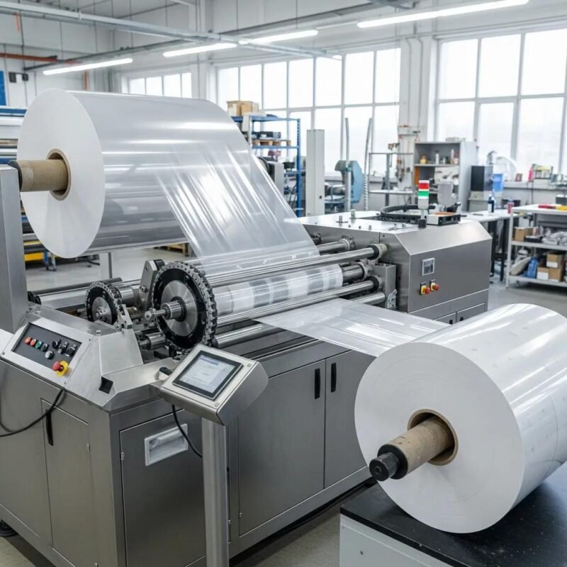 Modern slitting machine cutting roll film and paper in an industrial setting