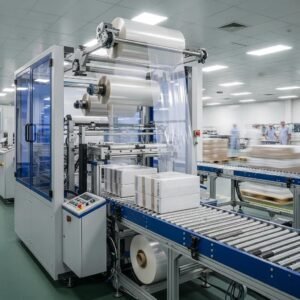 Modern stretch film machine in a packaging environment, highlighting its functionality and efficiency