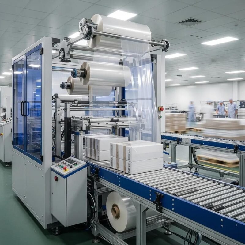 Modern stretch film machine in a packaging environment, highlighting its functionality and efficiency