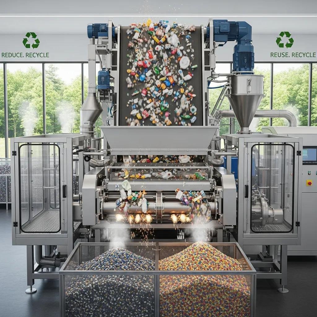 Plastic recycling machine processing waste into reusable materials, emphasizing sustainability in the industry