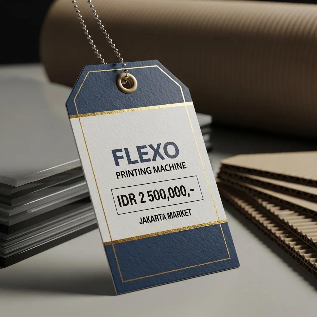 Price tag for flexo printing machines against a backdrop of printing materials, symbolizing investment in the packaging industry