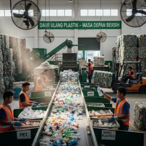 Recycling facility in Indonesia with workers sorting plastic waste, emphasizing the importance of recycling