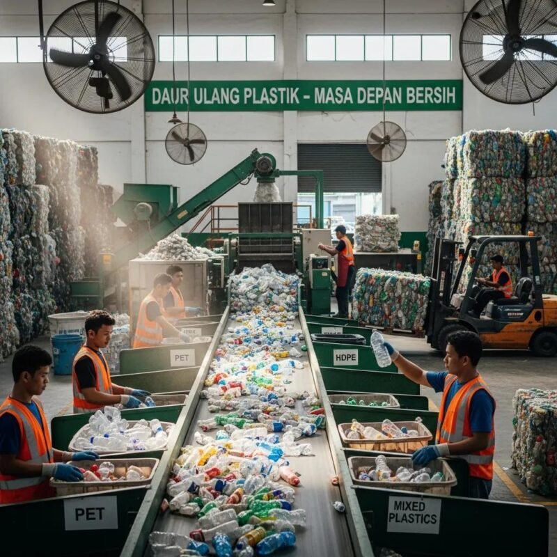 Recycling facility in Indonesia with workers sorting plastic waste, emphasizing the importance of recycling