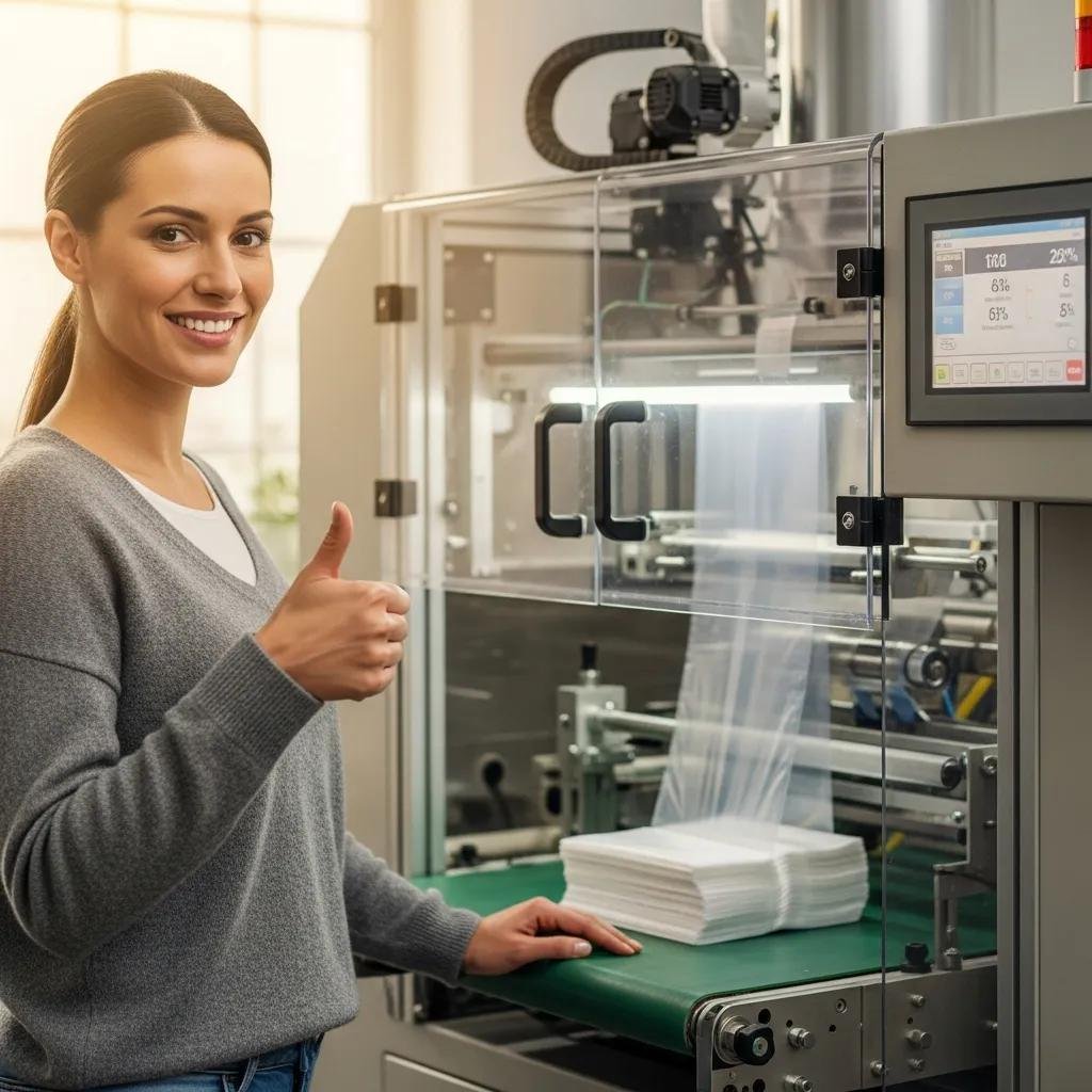 Satisfied customer next to a plastic bag machine, expressing trust and satisfaction in the product