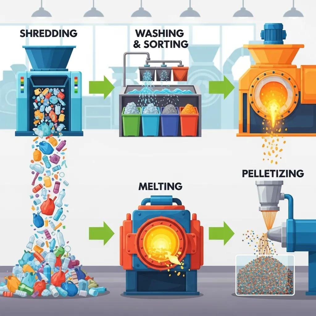 Step-by-step plastic recycling process, showcasing machines transforming waste into reusable pellets