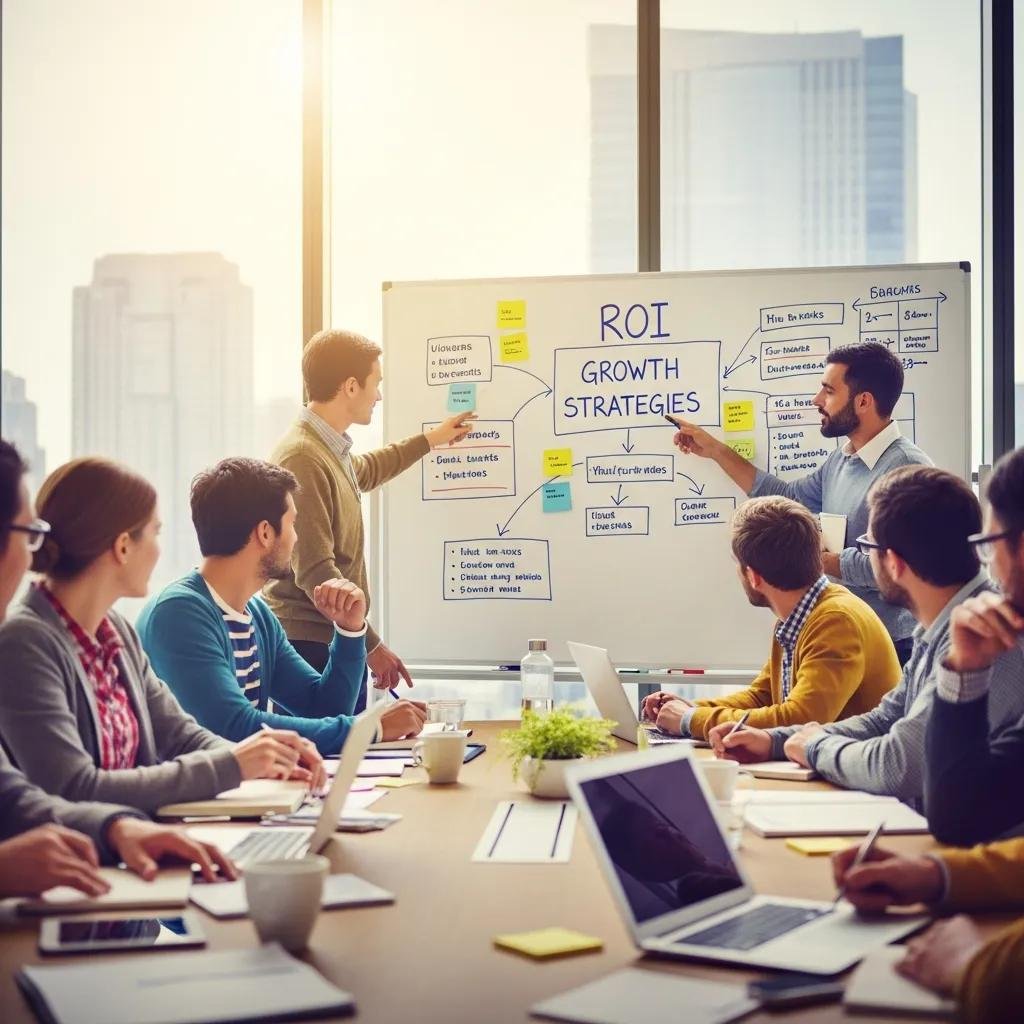 Team meeting in a conference room discussing strategies to improve ROI, highlighting collaboration