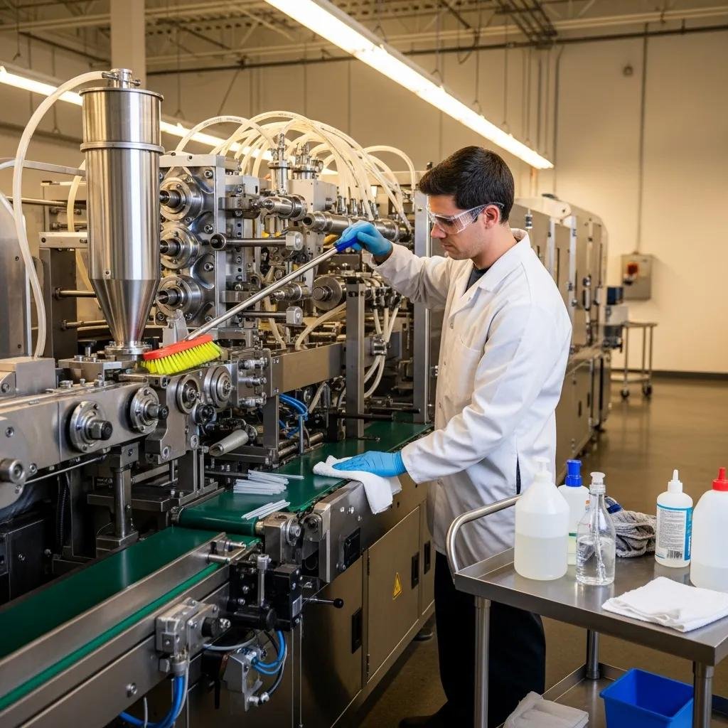 Technician cleaning a plastic straw machine, illustrating the routine maintenance process