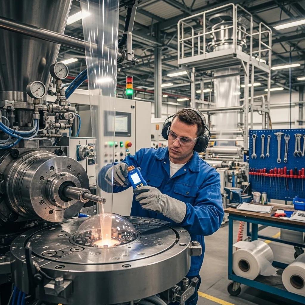 Technician inspecting a blow film machine, focusing on die head and film output