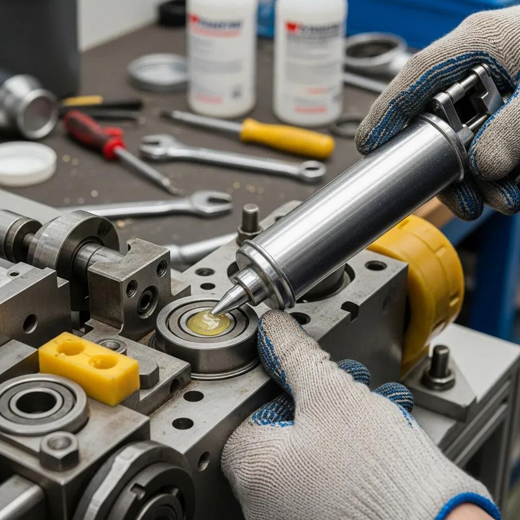 Technician lubricating the bearings of a plastic straw machine, emphasizing the importance of proper lubrication