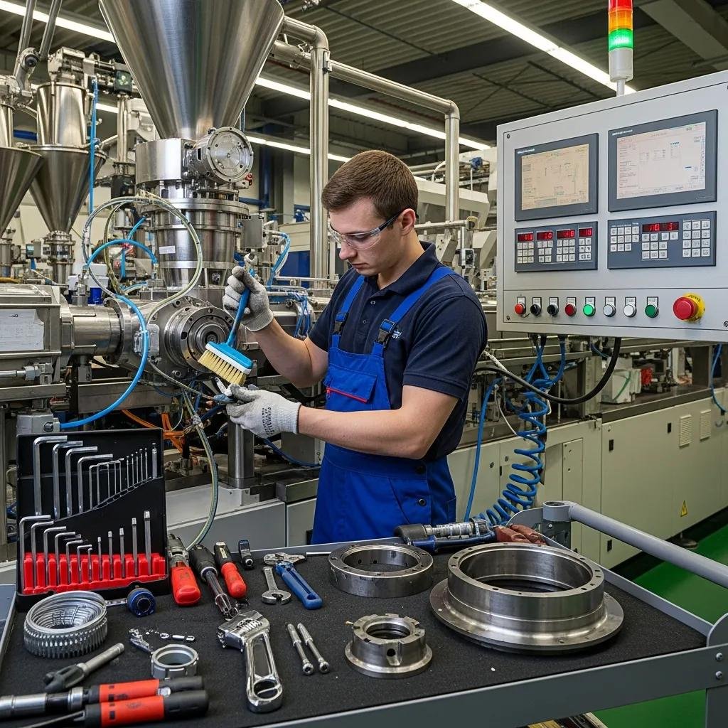 Technician performing maintenance on a blow film machine, illustrating cleaning and inspection