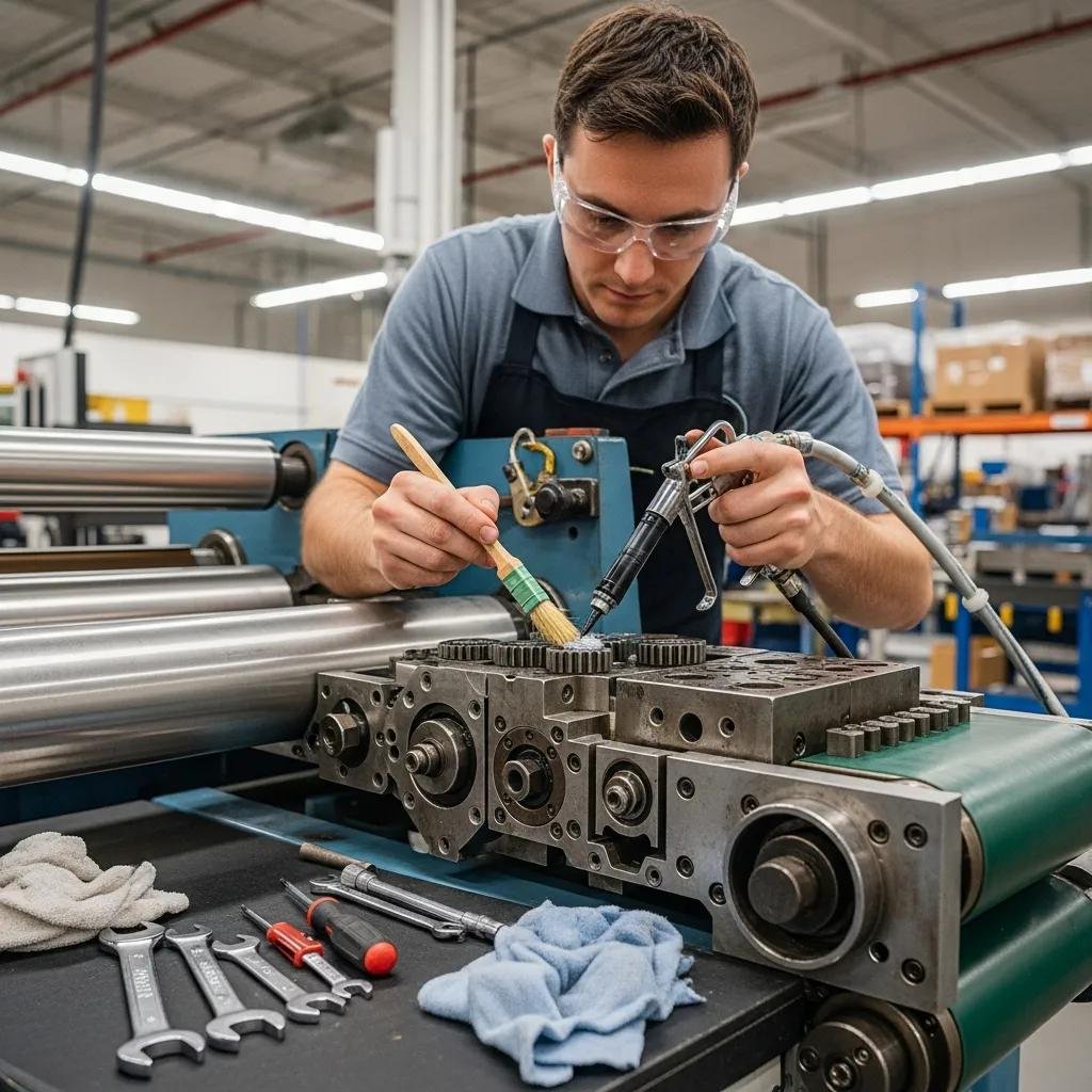 Technician performing maintenance on a bubble wrap machine, focusing on cleaning and lubrication