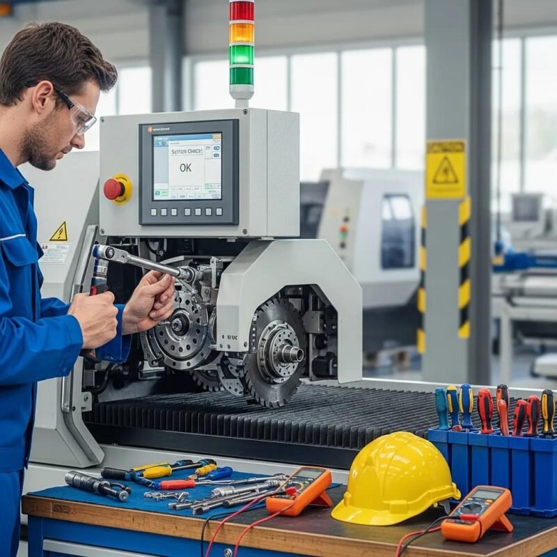 Technician performing maintenance on a cutting machine, highlighting the importance of machine care