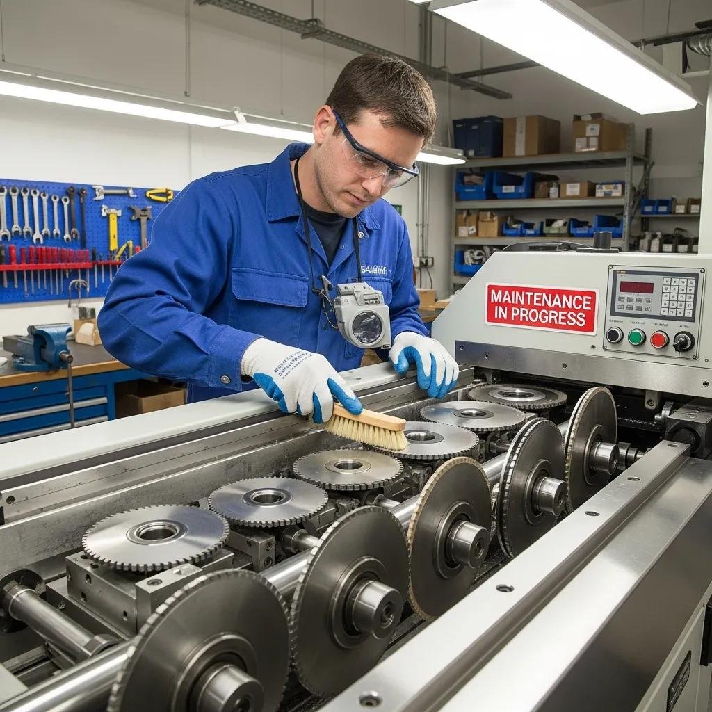 Technician performing maintenance on a plastic slitting machine, highlighting the importance of regular upkeep and inspection