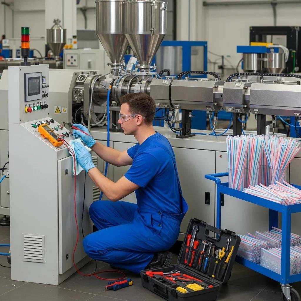 Technician performing preventive maintenance on a plastic straw extrusion machine