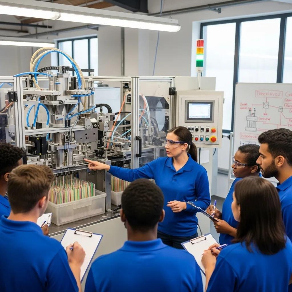 Technician training factory staff on plastic straw machine operation, emphasizing support and education