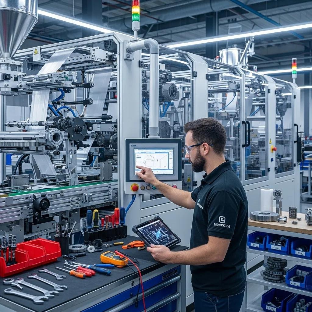 Technician working on a high-tech plastic bag machine, showcasing innovative technology and support