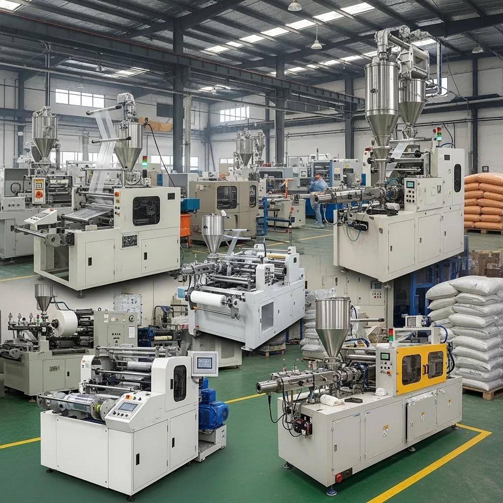 Variety of blow film machines in a factory, showcasing different types available in Jakarta