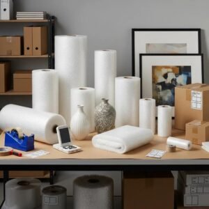 Various sizes of bubble wrap displayed in a business workspace, highlighting the importance of selection for packaging needs