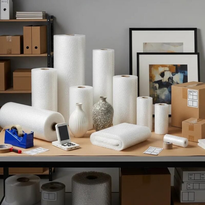 Various sizes of bubble wrap displayed in a business workspace, highlighting the importance of selection for packaging needs