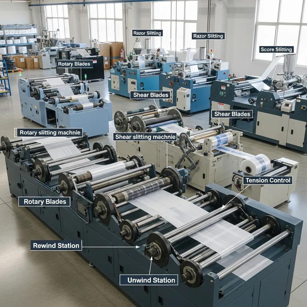 Various types of plastic slitting machines displayed in a factory, showcasing their unique features and applications