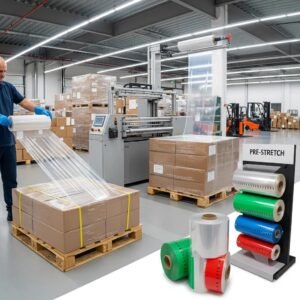 Various types of stretch film rolls in a packaging environment, highlighting manual, machine, and pre-stretch options
