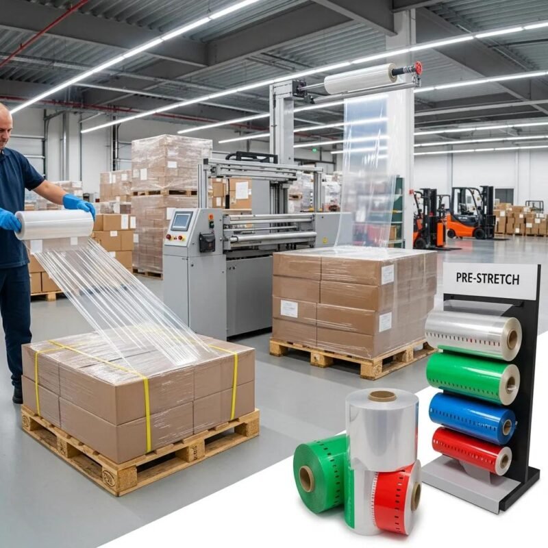 Various types of stretch film rolls in a packaging environment, highlighting manual, machine, and pre-stretch options